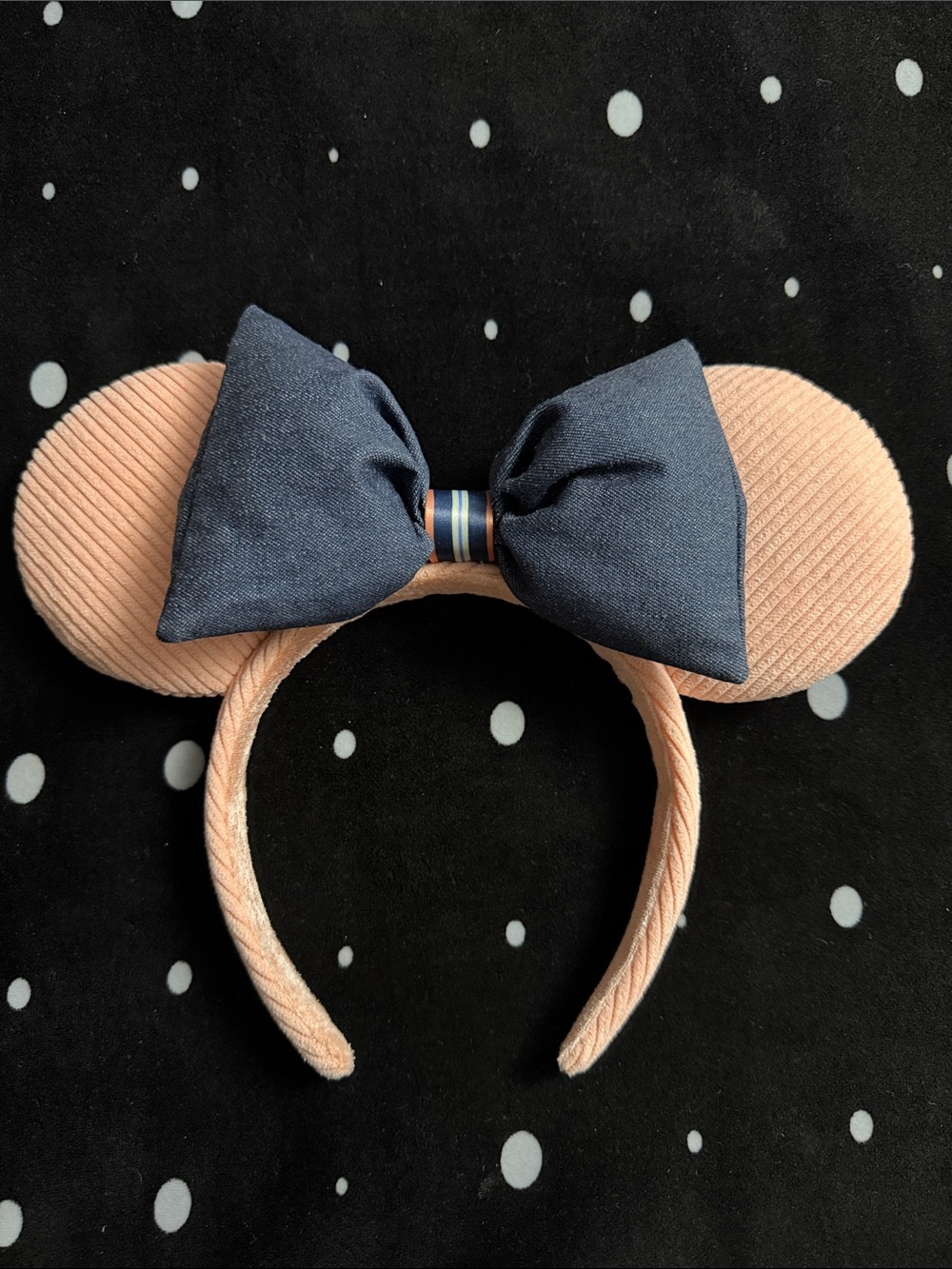 Disney Peach Corduroy Minnie Mouse Ear Headband with Navy Bow